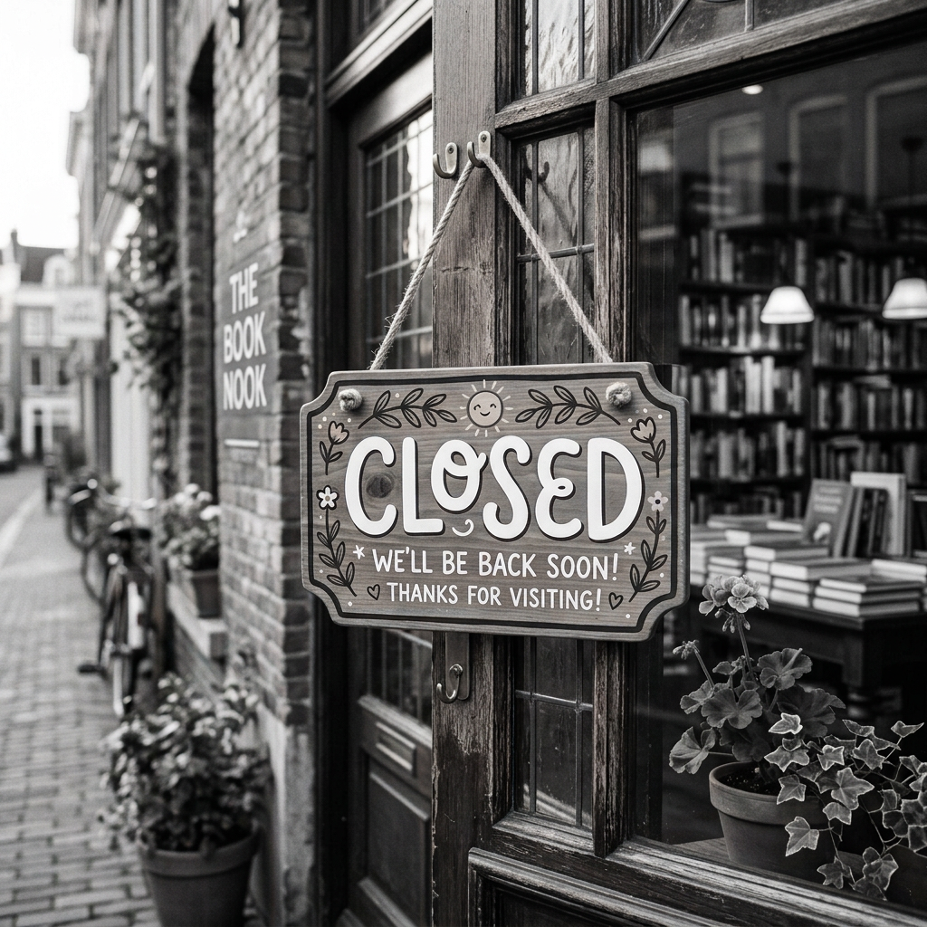 Hanging café sign reads CLOSED, WE'LL BE BACK SOON, THANKS FOR VISITING